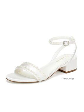 Low Heel Satin Pearl Open Toe Wedding Sandals Bride Ankle Strap
